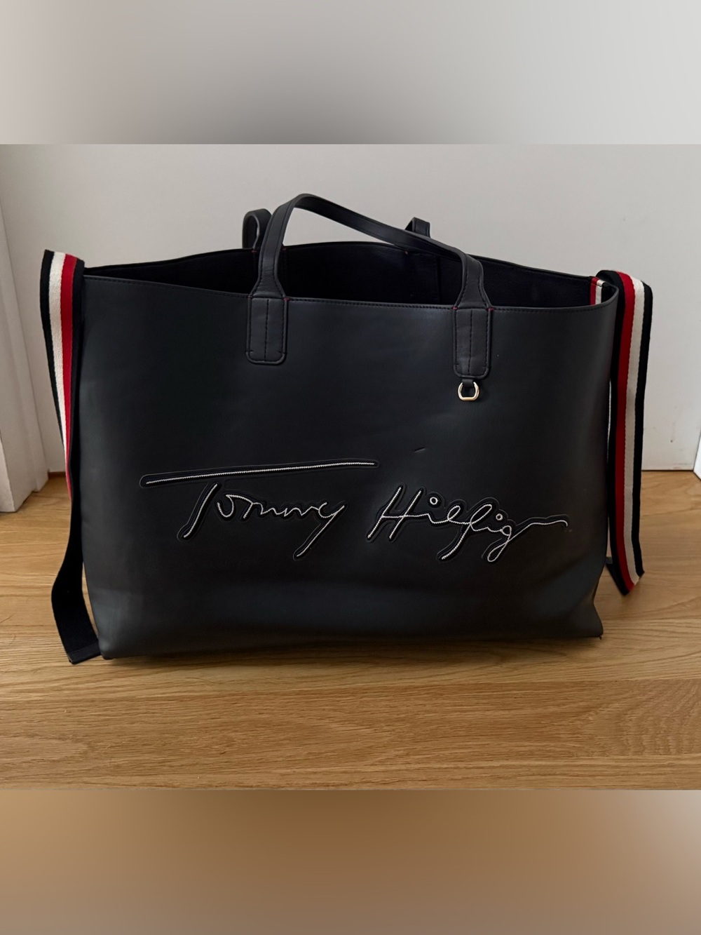 Tommy Hilfiger Dark Navy Genuine leather Tote with Red-White-Blue Striped Straps
